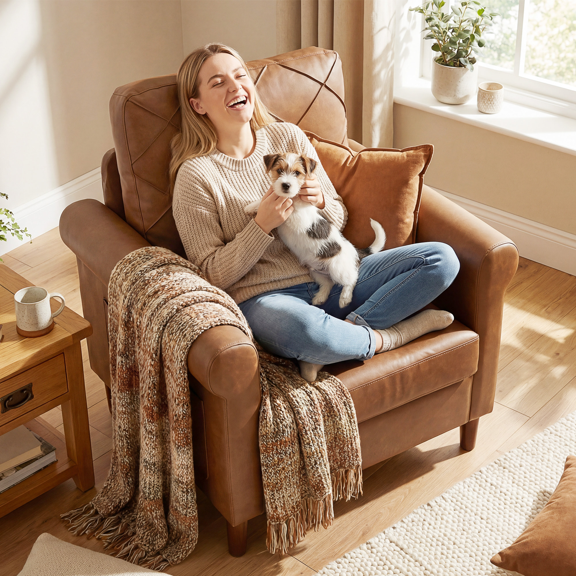 Sillón Relax, Sofá Individual, Tapizado en PU, Cojín Grueso, Respaldo con Costuras, Asiento Amplio, Patas de Madera Maciza para Salón, Dormitorio y Oficina, 82x71x84 cm, Marrón