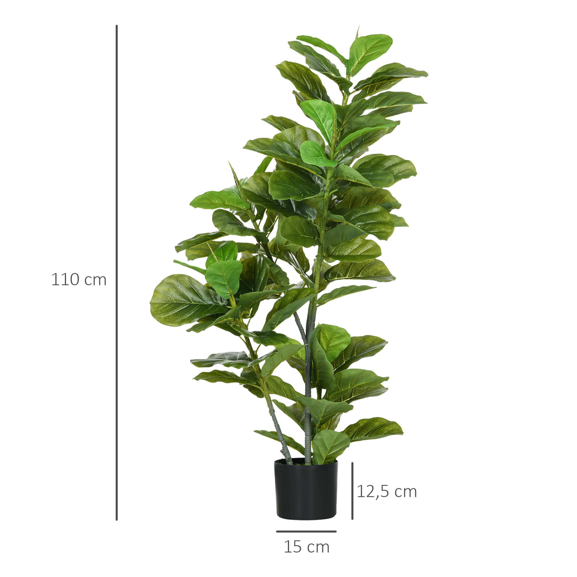 Ficus Lutea artificiels 1,10H m - lot de 2 ficus artificiels - 90 feuilles réalistes par pied - pot inclus noir vert