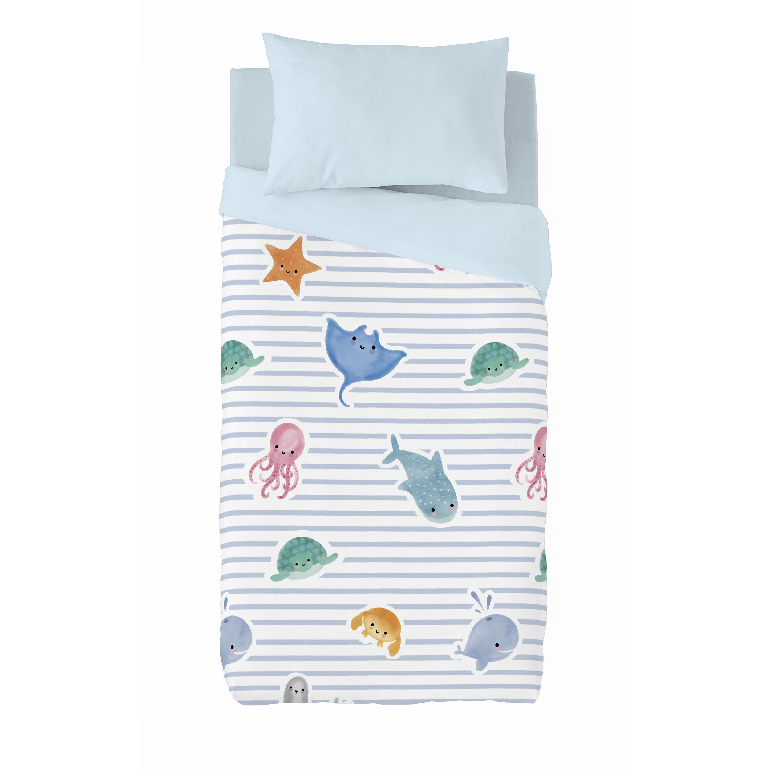 Kawanimals - Funda Nórdica Estampada - Cierre Solapa - 100% Algodón - Incluye 1/2 Fundas de Almohada - Ocean