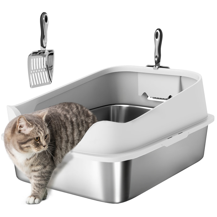 Arenero para Gatos de Acero Inoxidable XL, Caja de Arena para Gatos, Arenero con Borde Alto, Pala Metálica, Fácil de Limpiar, Prueba de Fugas, 60,2x40,2x29,7 cm, Gris