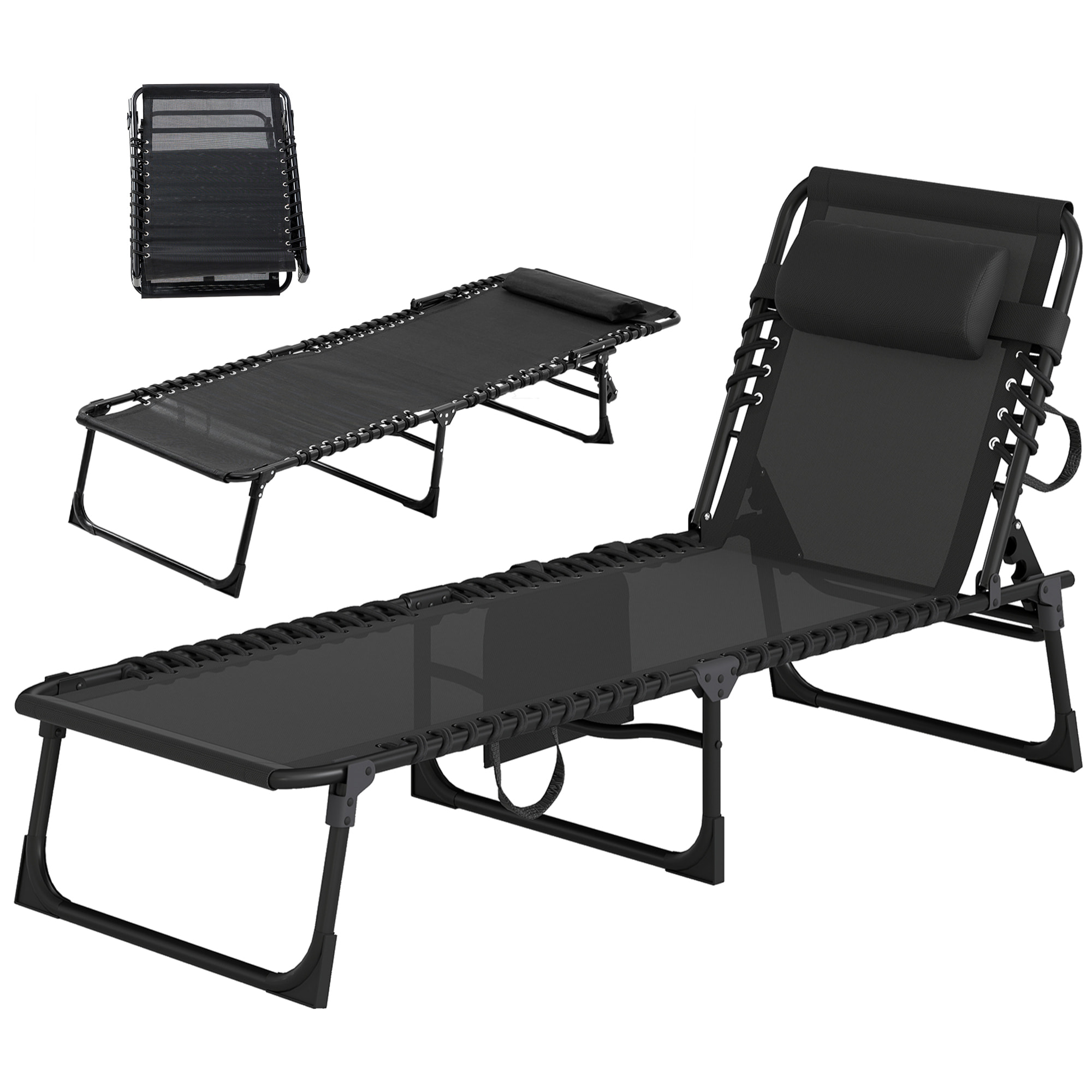Bain de soleil transat pliable dossier inclinable acier époxy noir lacets élastiques textilène noir