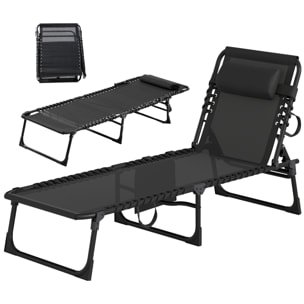 Bain de soleil transat pliable dossier inclinable acier époxy noir lacets élastiques textilène noir