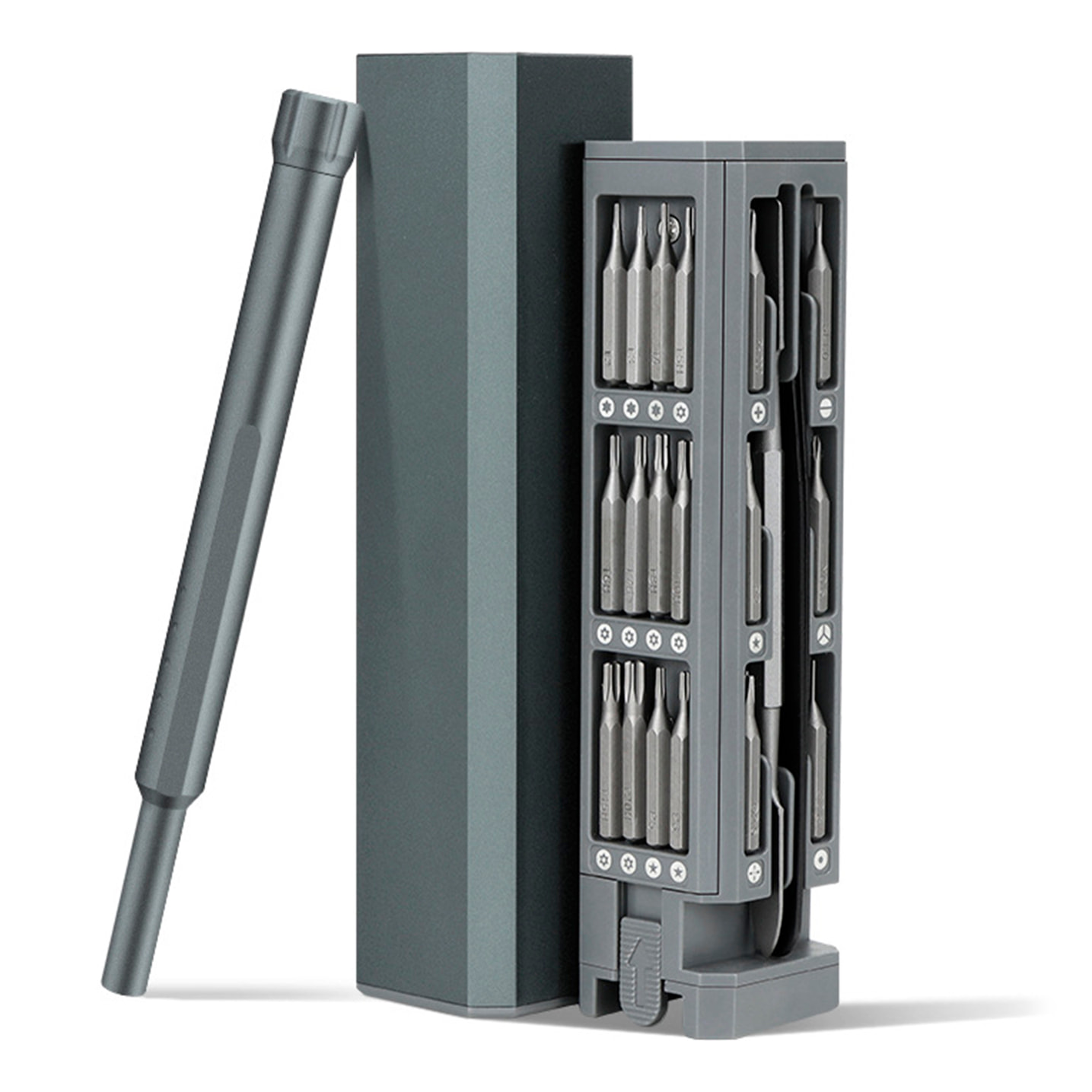 Juego de destornillador de precisión 44 en 1 con rosca giratoria y puntas magnéticas incluidas en funda de aluminio.