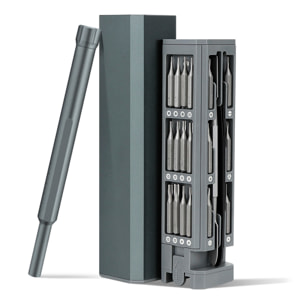 Juego de destornillador de precisión 44 en 1 con rosca giratoria y puntas magnéticas incluidas en funda de aluminio.