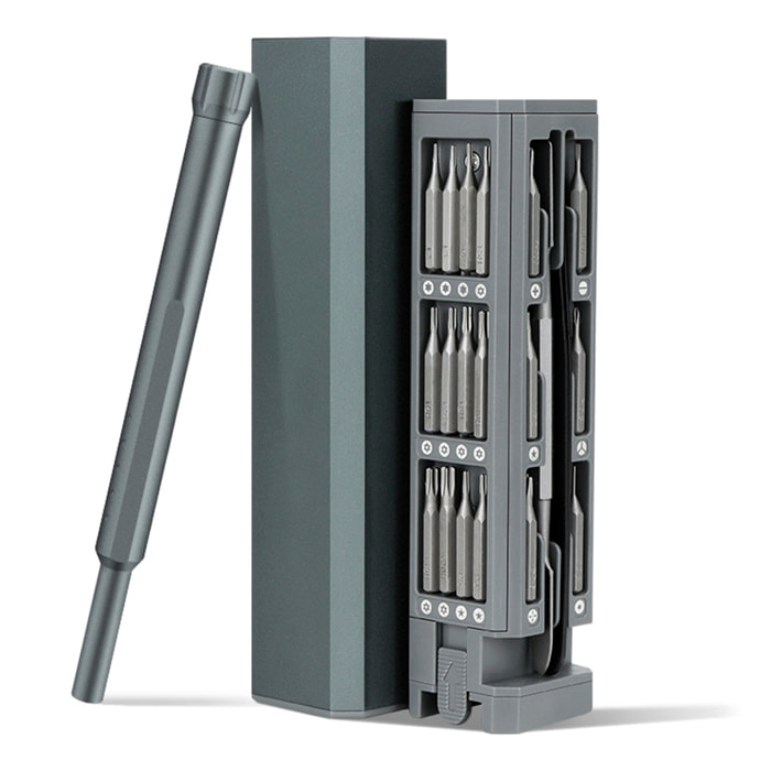 Juego de destornillador de precisión 44 en 1 con rosca giratoria y puntas magnéticas incluidas en funda de aluminio.