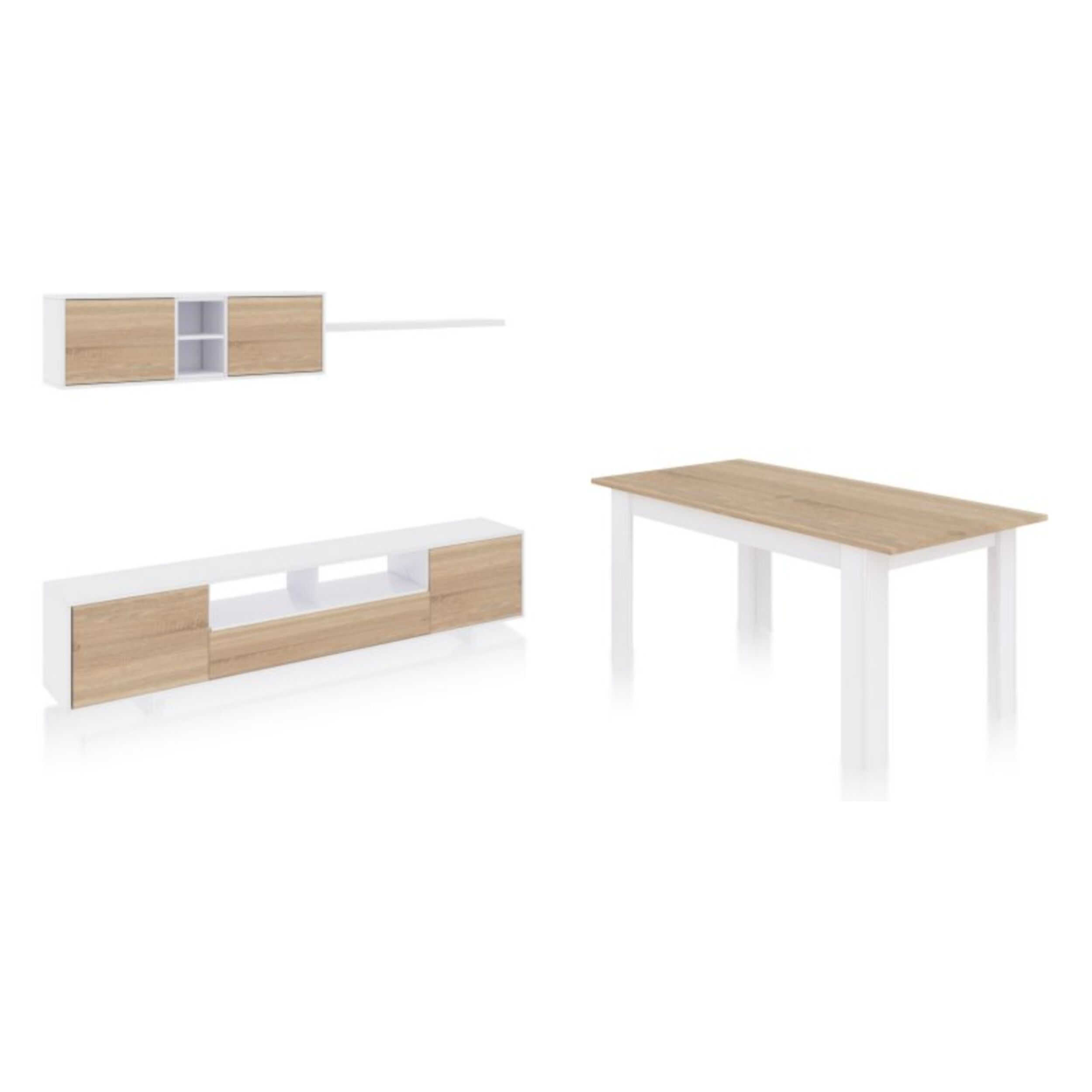 Pack salón con mesa de comedor Kenzo Plus VA Blanco Artik (Blanco Mate) - Roble Canadian