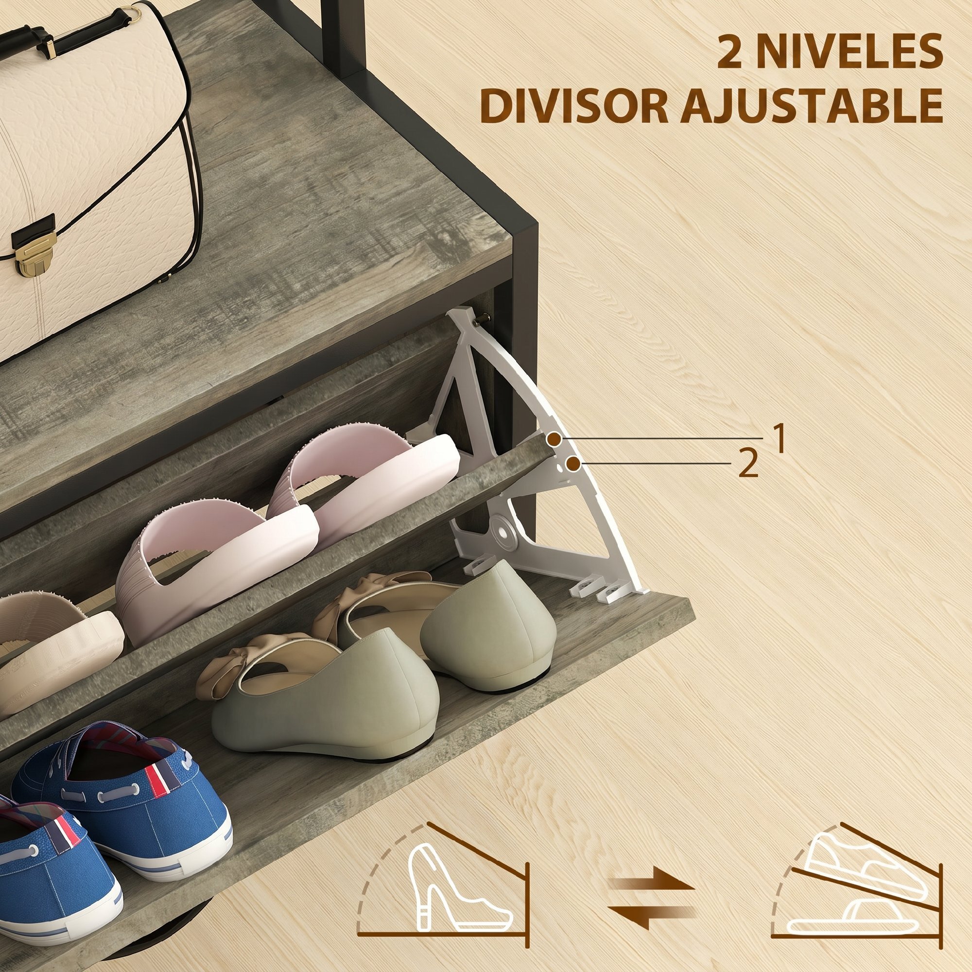 Perchero Zapatero 5 en 1, Perchero Recibidor con Banco Zapatero, Panel de Rejilla, Armario, 10 Ganchos, Estante Superior y Marco de Acero, Estilo Moderno, para Entrada, Pasillo, Gris
