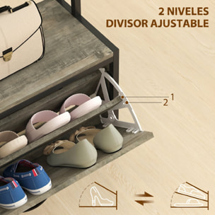 Perchero Zapatero 5 en 1, Perchero Recibidor con Banco Zapatero, Panel de Rejilla, Armario, 10 Ganchos, Estante Superior y Marco de Acero, Estilo Moderno, para Entrada, Pasillo, Gris
