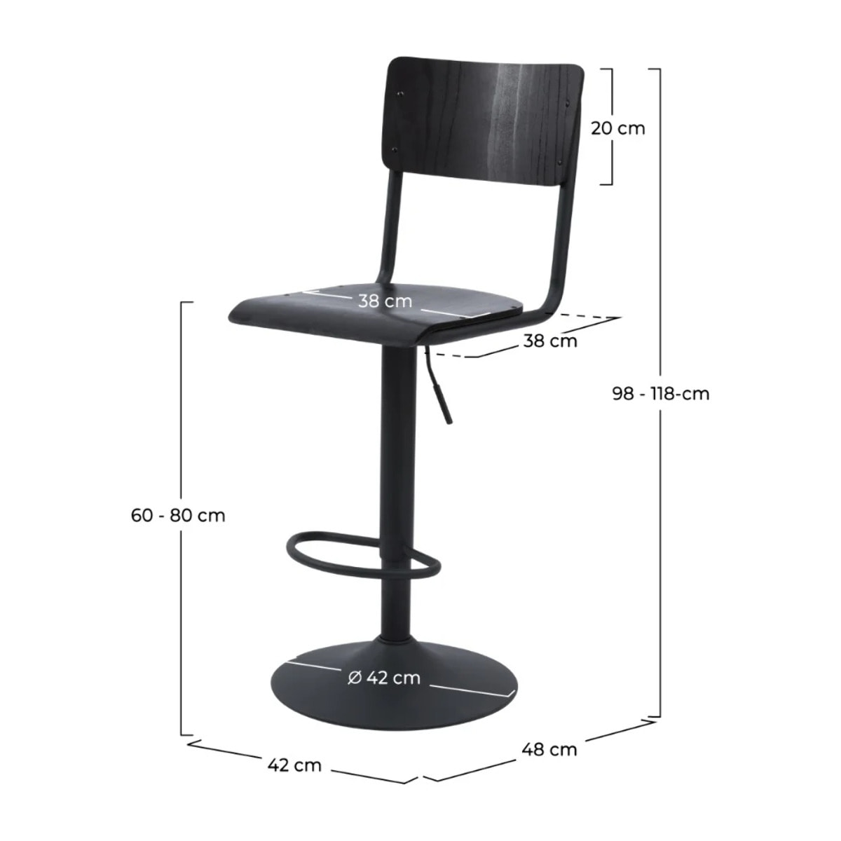 Lot de 2 chaises de bar réglables 60/80 cm en bois noir - Clem