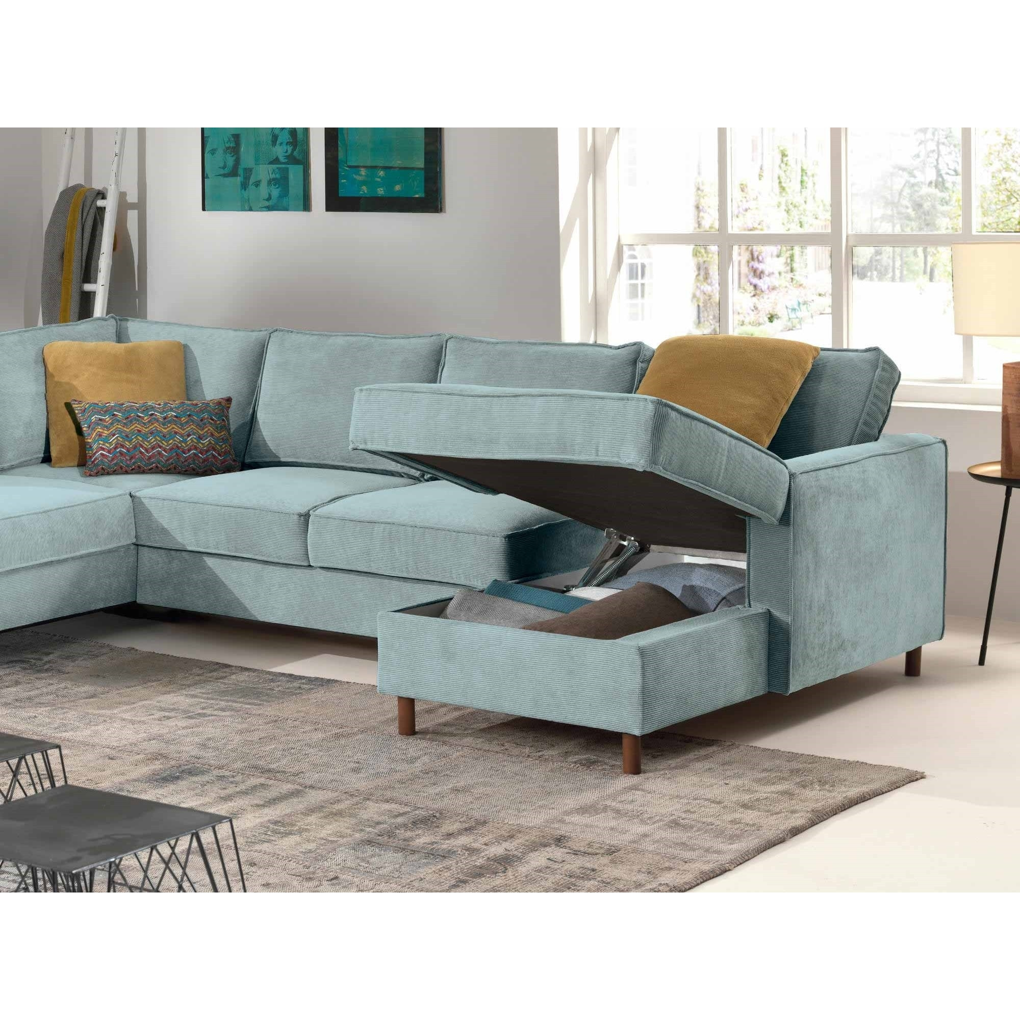 Jake - canapé panoramique d'angle gauche - convertible avec coffre - 7 places - en velours côtelé - Bleu