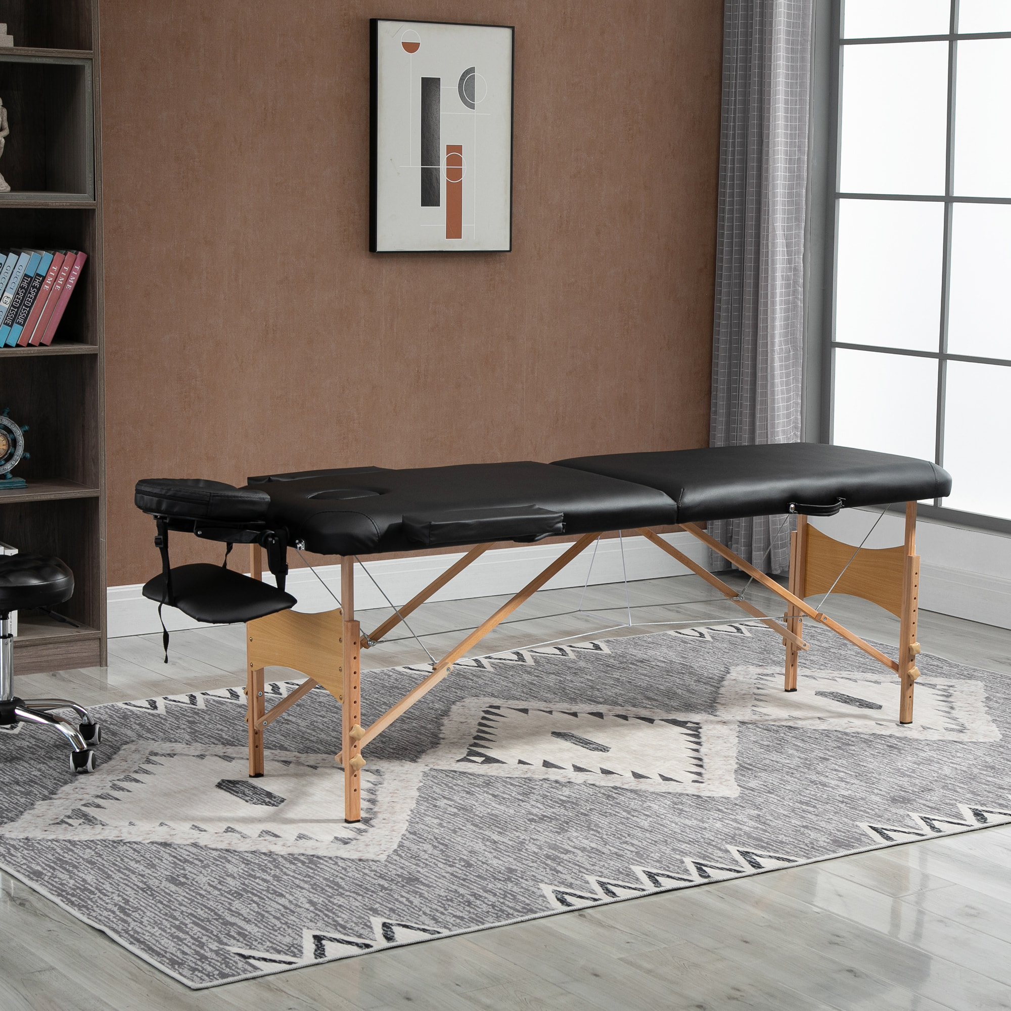 Table de massage pliante lit table de beauté 2 zones portable sac de tranport inclus hauteur réglable dim. 185L x 60l x 61-88H cm bois massif revêtement synthétique noir