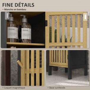 Meuble bas salle de bain - porte, 3 étagères - MDF noir bambou verni
