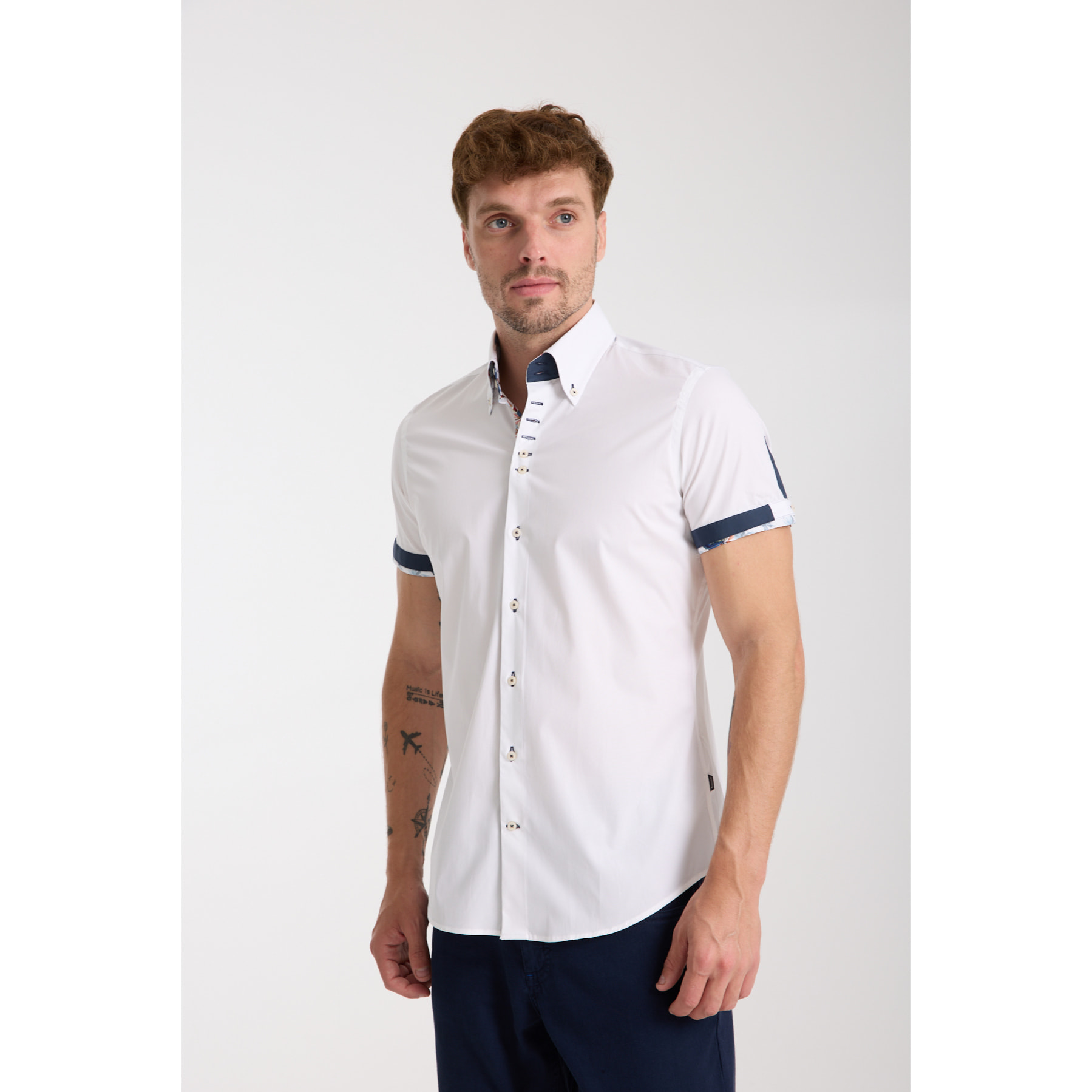 Camicia Uomo Manica Corta 2 Bottoni Button Down 7 Botto Popeline Stretch Unito Bianco