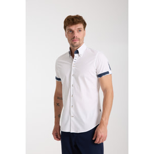 Camicia Uomo Manica Corta 2 Bottoni Button Down 7 Botto Popeline Stretch Unito Bianco