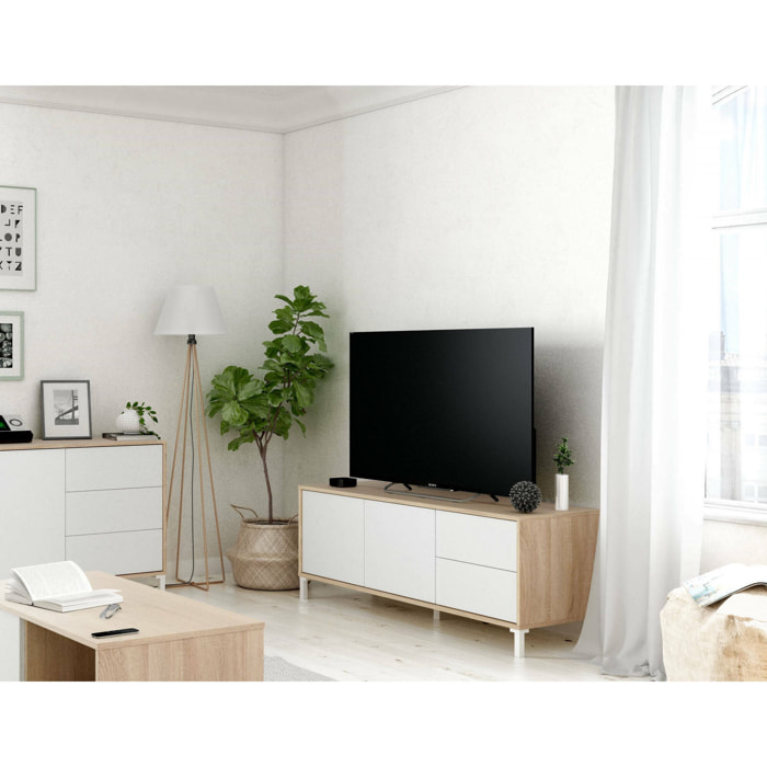 Mobile porta TV Cary, Credenza per televisione a 2 ante, Supporto TV da soggiorno, Mobile porta TV, Madia per salotto, cm 130x41h47, Rovere e Bianco