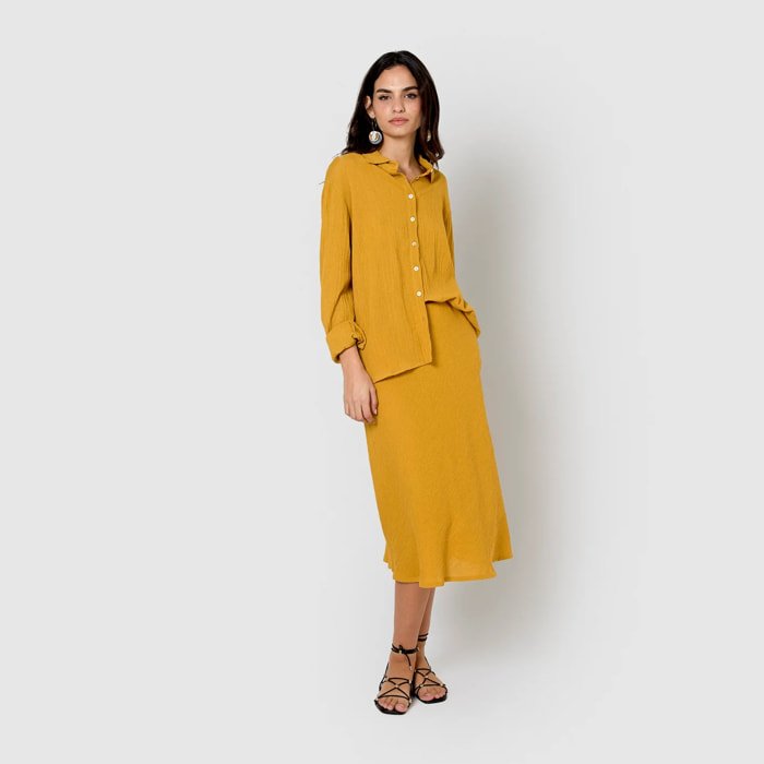 Falda midi evasé algodón lino ocre