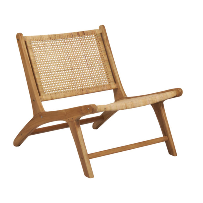 Fauteuil relax bas bois de teck et cannage rotin lounge cosy - PIOU