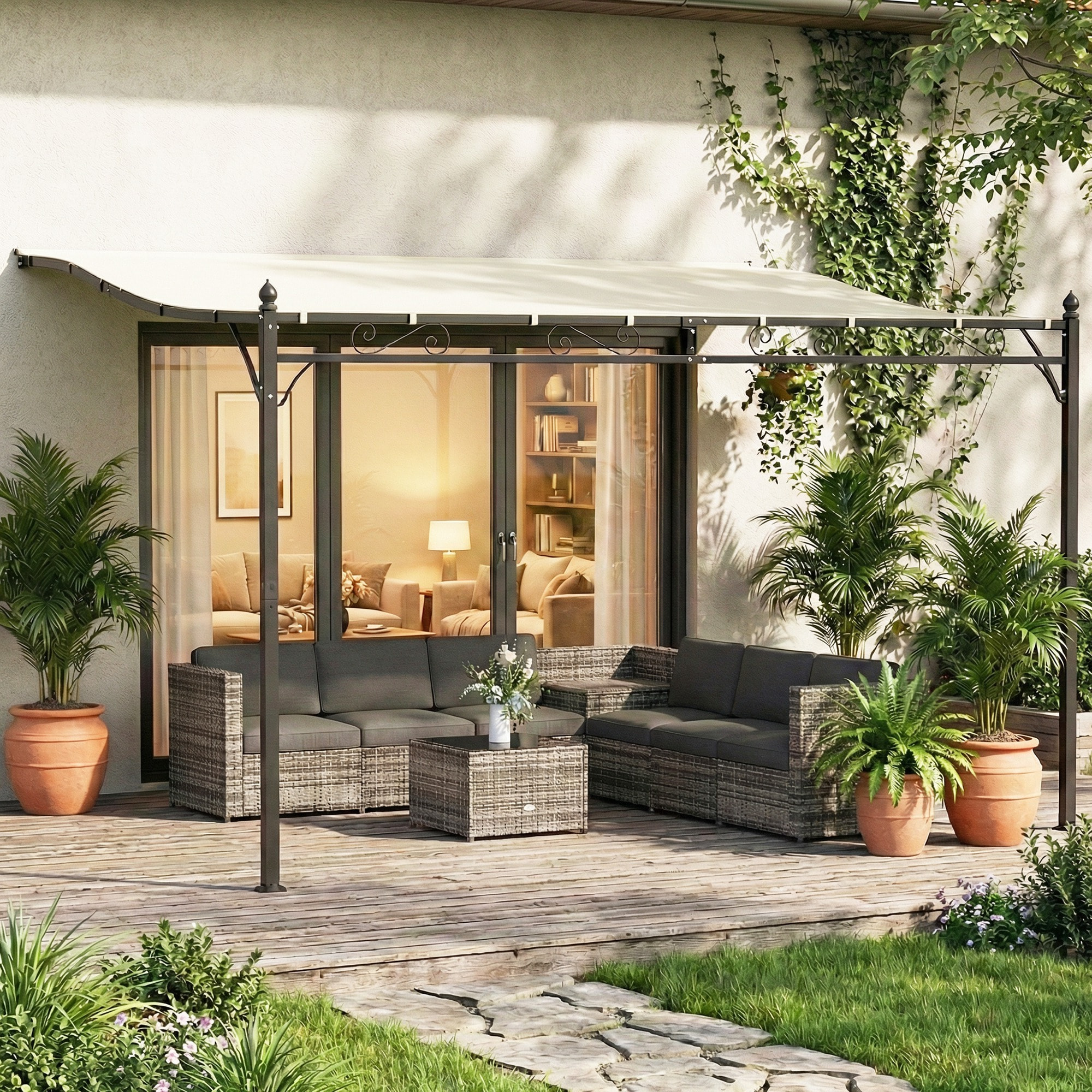 Pérgola de Pared de Jardín 2,5x3,5 m, Cenador de Jardín con Techo Inclinado, Orificios de Drenaje y Estructura Metálica Resistente, UPF30, Gazebo para Patio, Terraza, Balcón, Blanco Crema