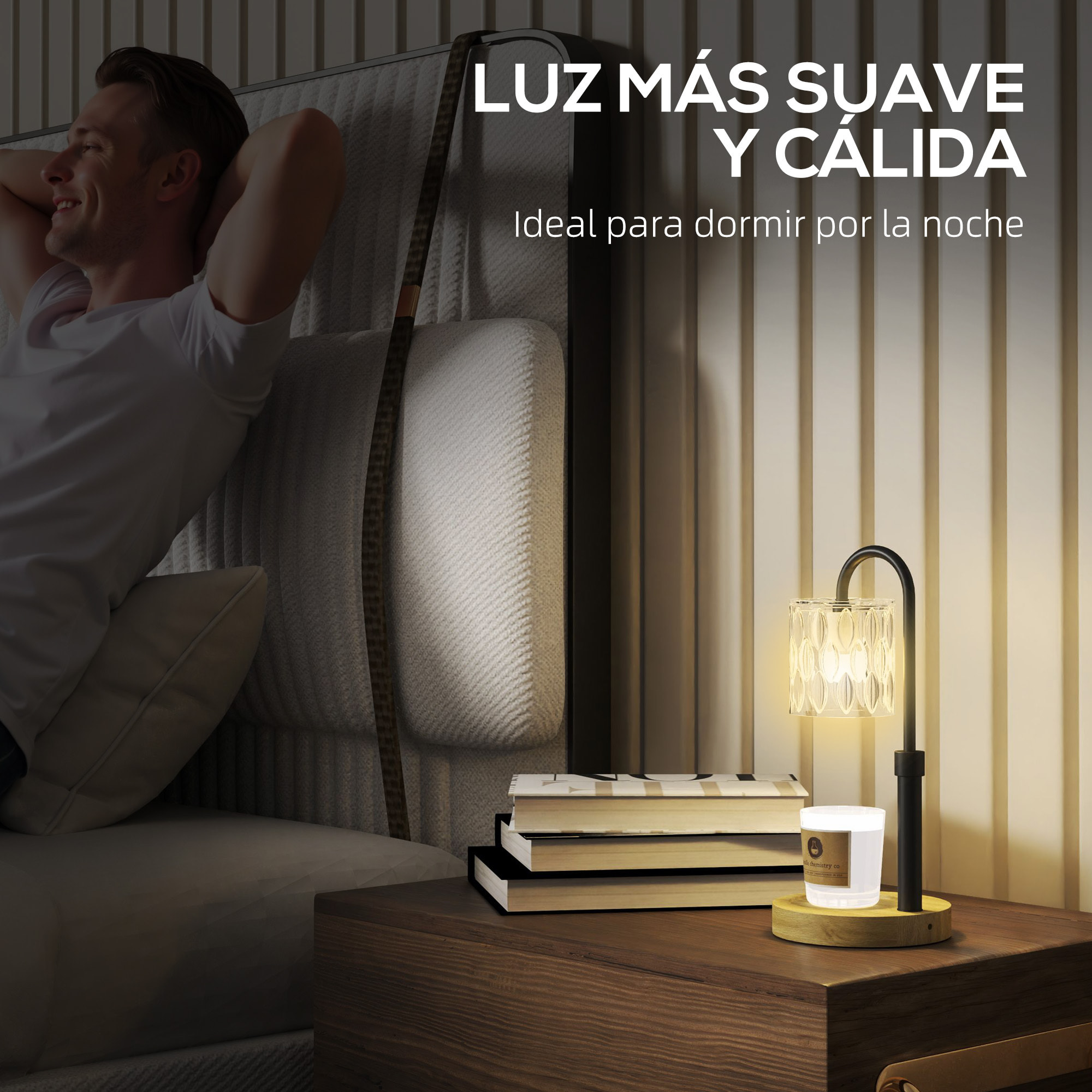 Lámpara de Mesita de Noche Lámpara Calefactora de Velas con Base de Madera Pantalla de Vidrio y Varilla Lámpara de Mesa para Dormitorio Salón Ø15x32,5 cm Multicolor
