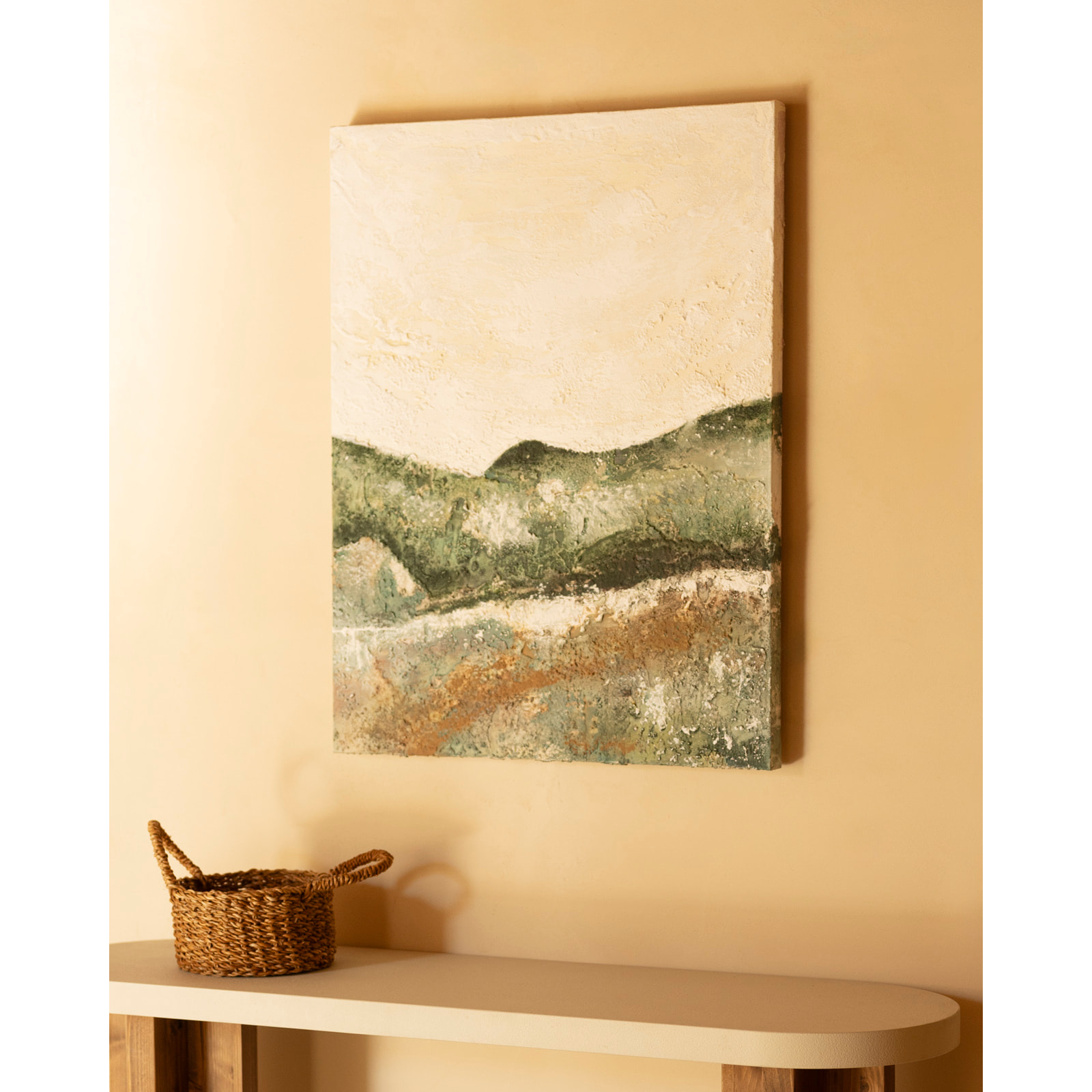 Cuadro beige y verde decorativo sobre algodón con bastidor de madera pintado a mano con pintura al óleo de varias medidas