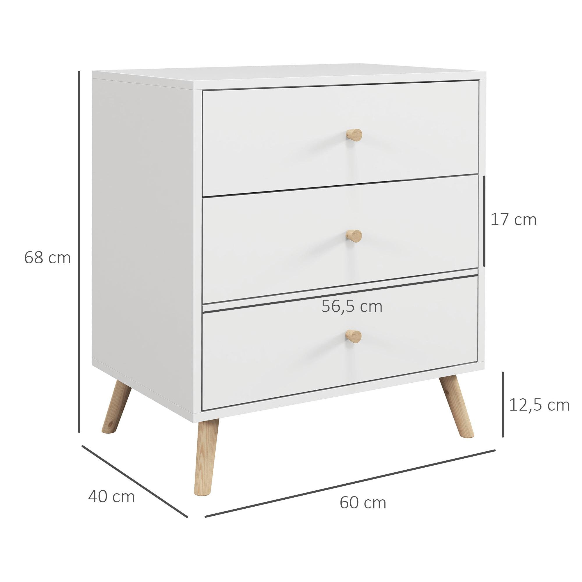 Commode 3 tiroirs design scandinave piètement effilé incliné bois pin MDF blanc