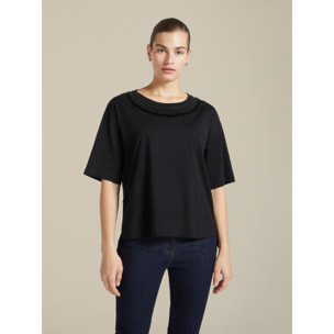 Elena Mirò - T-shirt con scollo ricamato - Nero