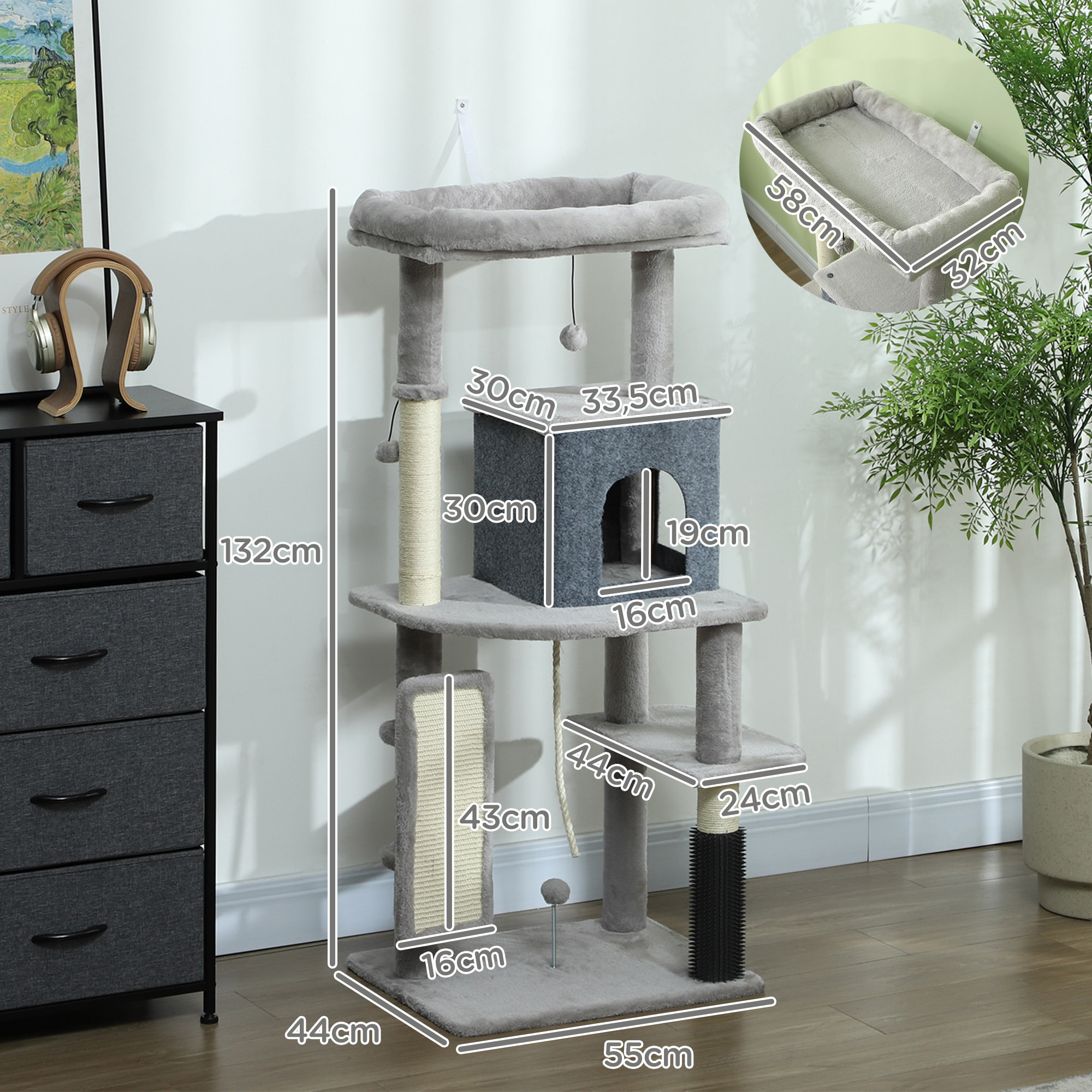 Árbol Rascador para Gatos Altura 132 cm Árbol para Gatos Torre para Gatos con Plataformas Poste con Cepillo Bolas Colgantes y Almohadilla para Rascar Gris Claro