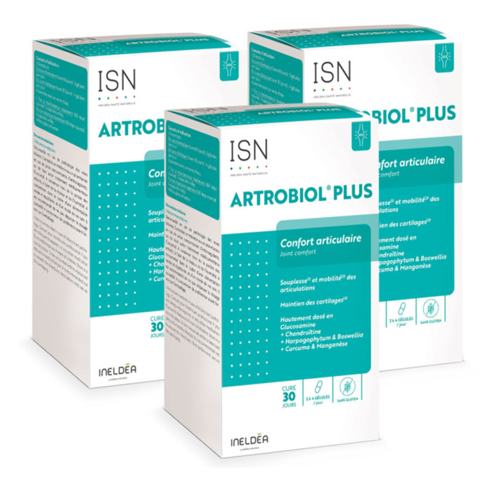ISN - Artrobiol Plus - Complément alimentaire à base de Glucosamine, Chondroïtine et Harpagophytum - Pour la souplesse des articulations et le maintien du cartilage & de l'ossature - Lot de 3