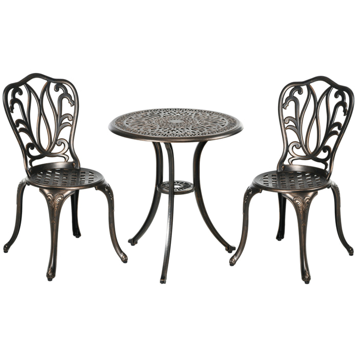 Ensemble salon de jardin 2 places avec table ronde style rétro fonte alu effet bronze antique
