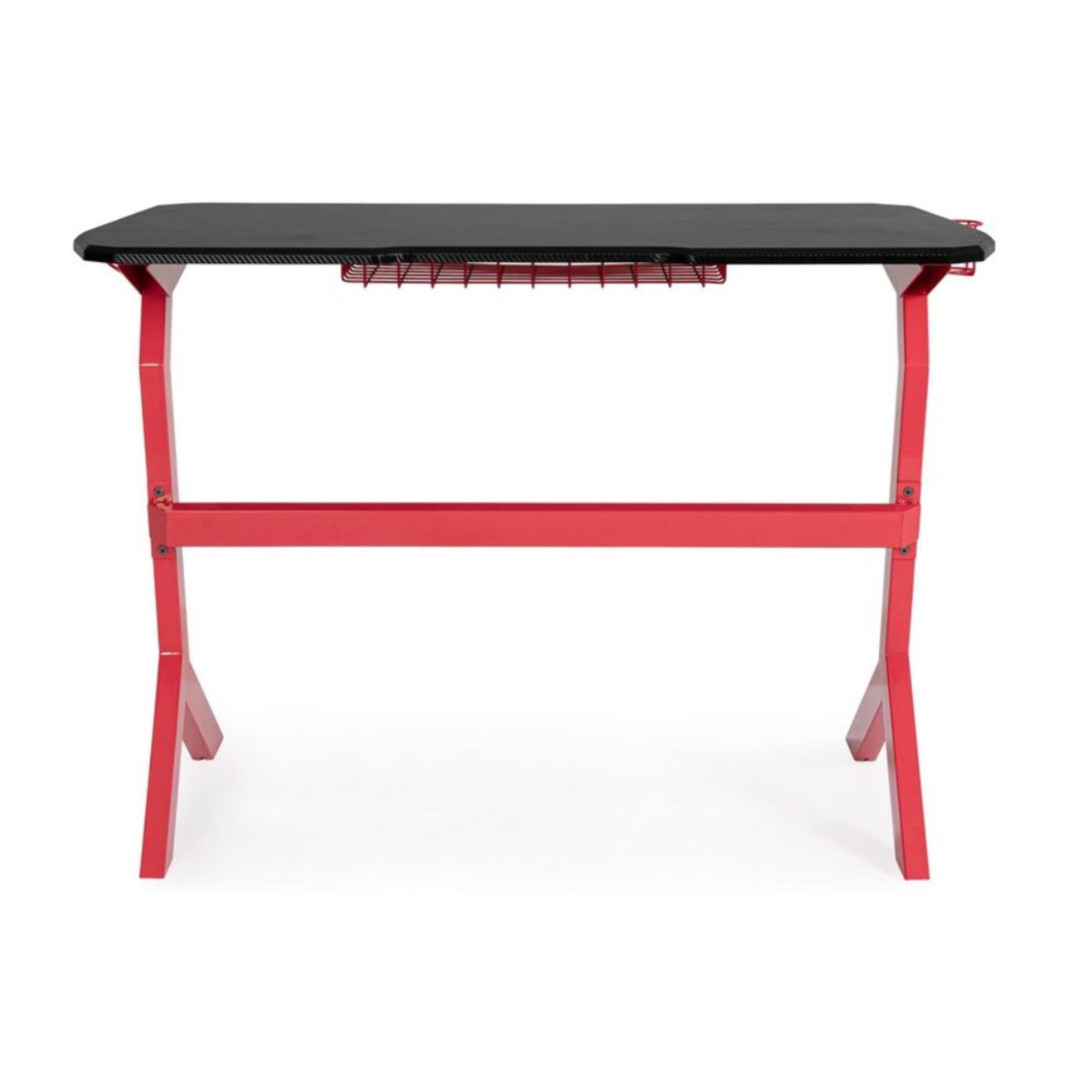 Scrivania GAMING in legno e pvc nero con base acciaio rosso, 118 x 65 cm