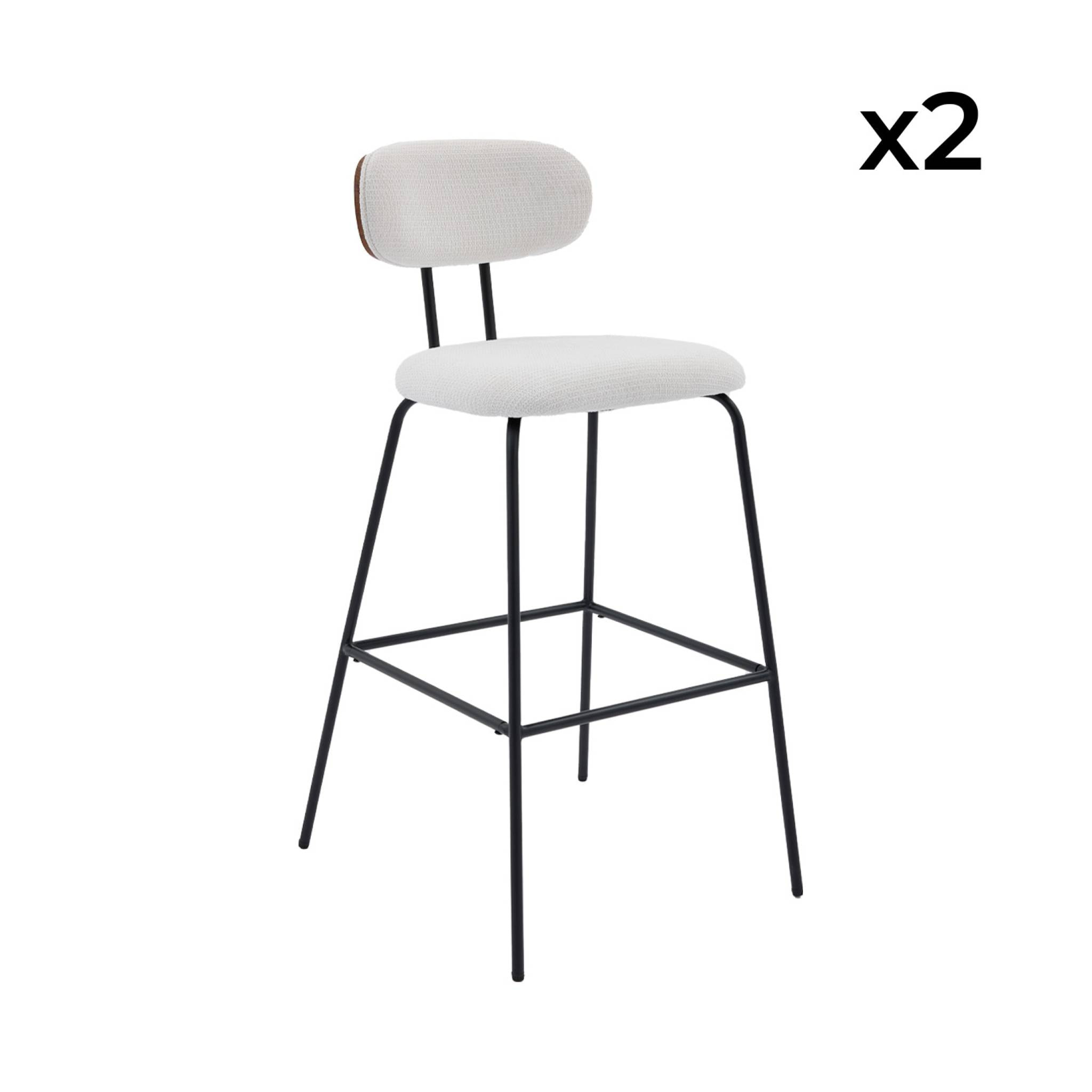 2 tabourets de bar décor bois courbé teinté noyer et tissu déperlant blanc. pieds métal noir mat (lot de 2) - L 44 x P 51 x H 103cm - Erin