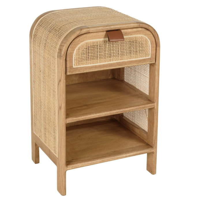 AMY - Chevet forme arrondie mindi et rotin naturel 1 tiroir 2 étagères AMY