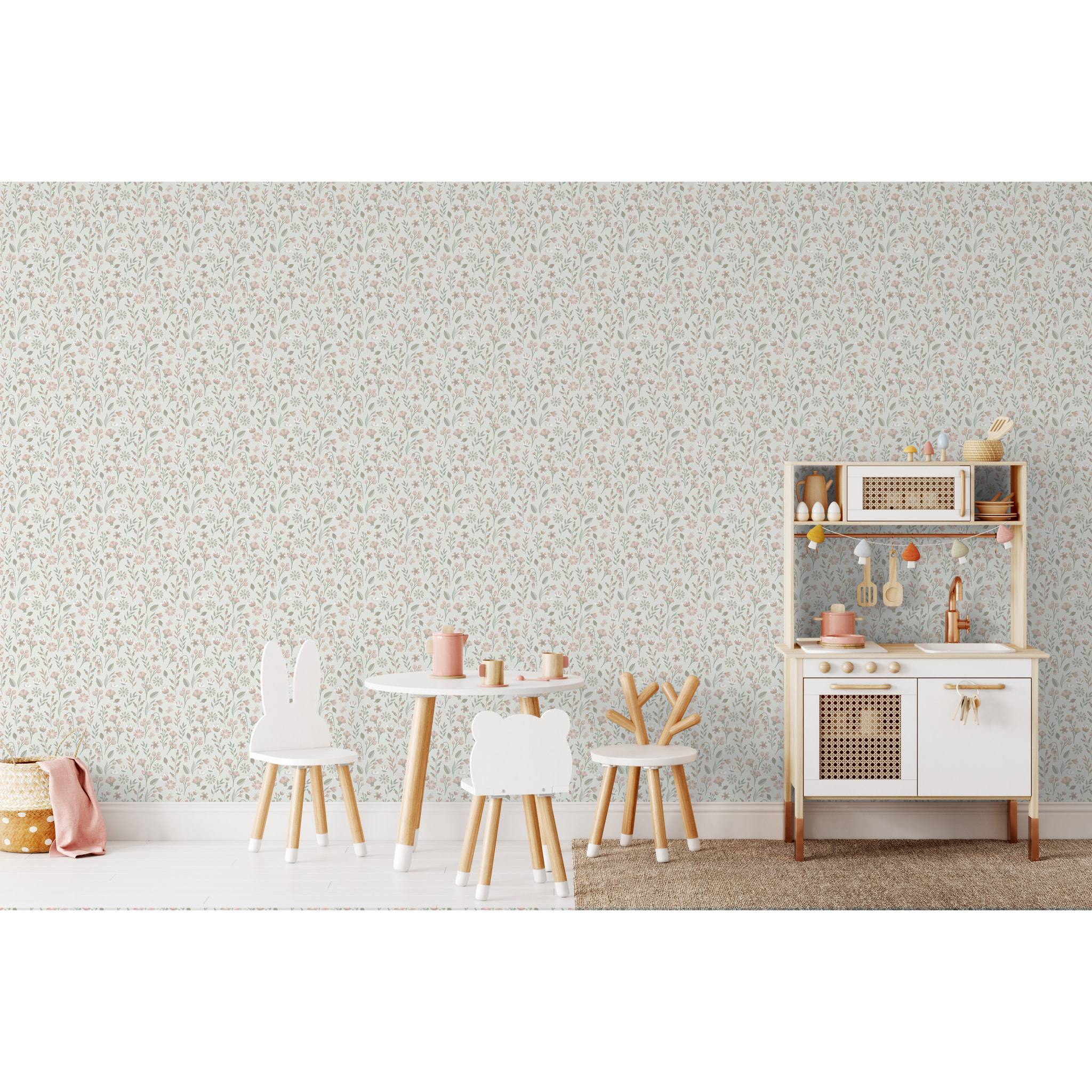 Papier peint floral champêtre rose poudré
