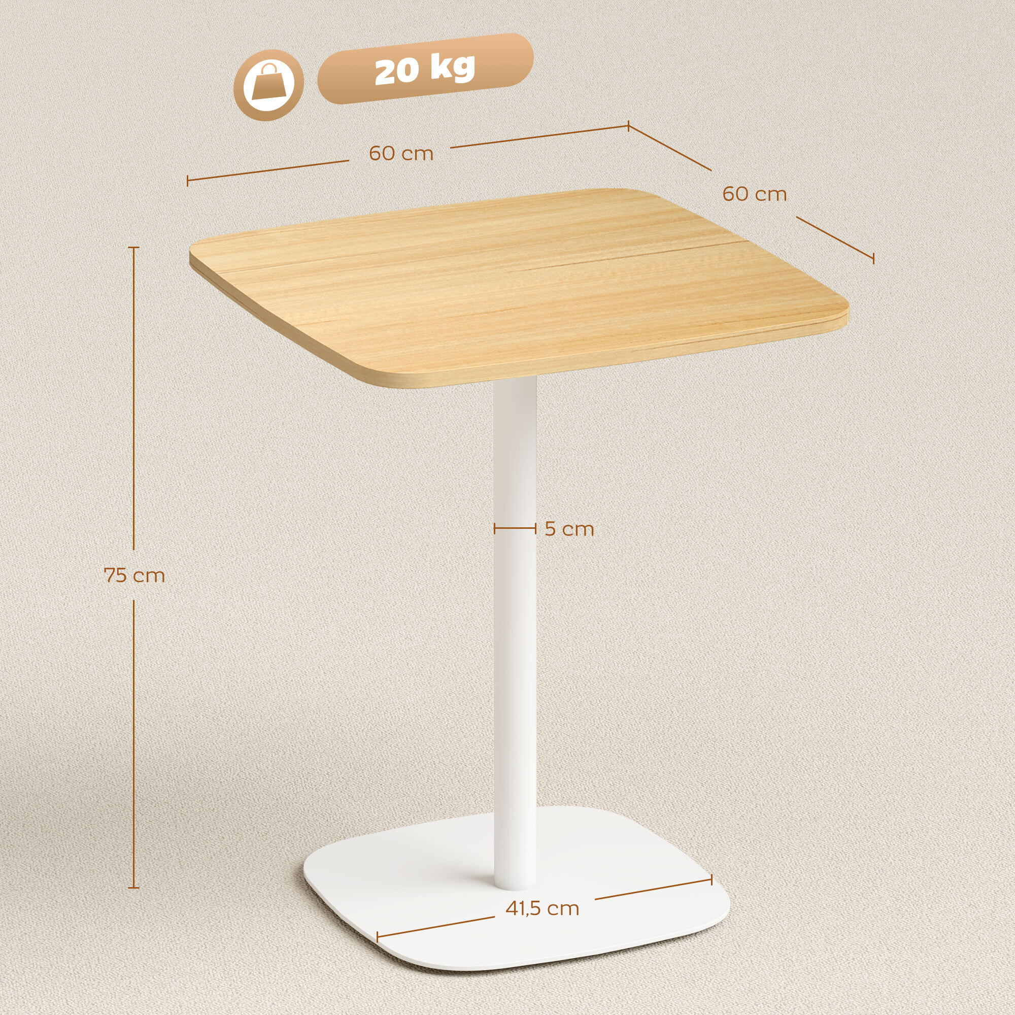 Mesa de Comedor Pequeña, Mesa de Cocina Cuadrada para 2 Personas, Base Cuadrada de Acero, para Espacios Pequeños, Salón, 60x60x75 cm, Madera Natural y Blanco