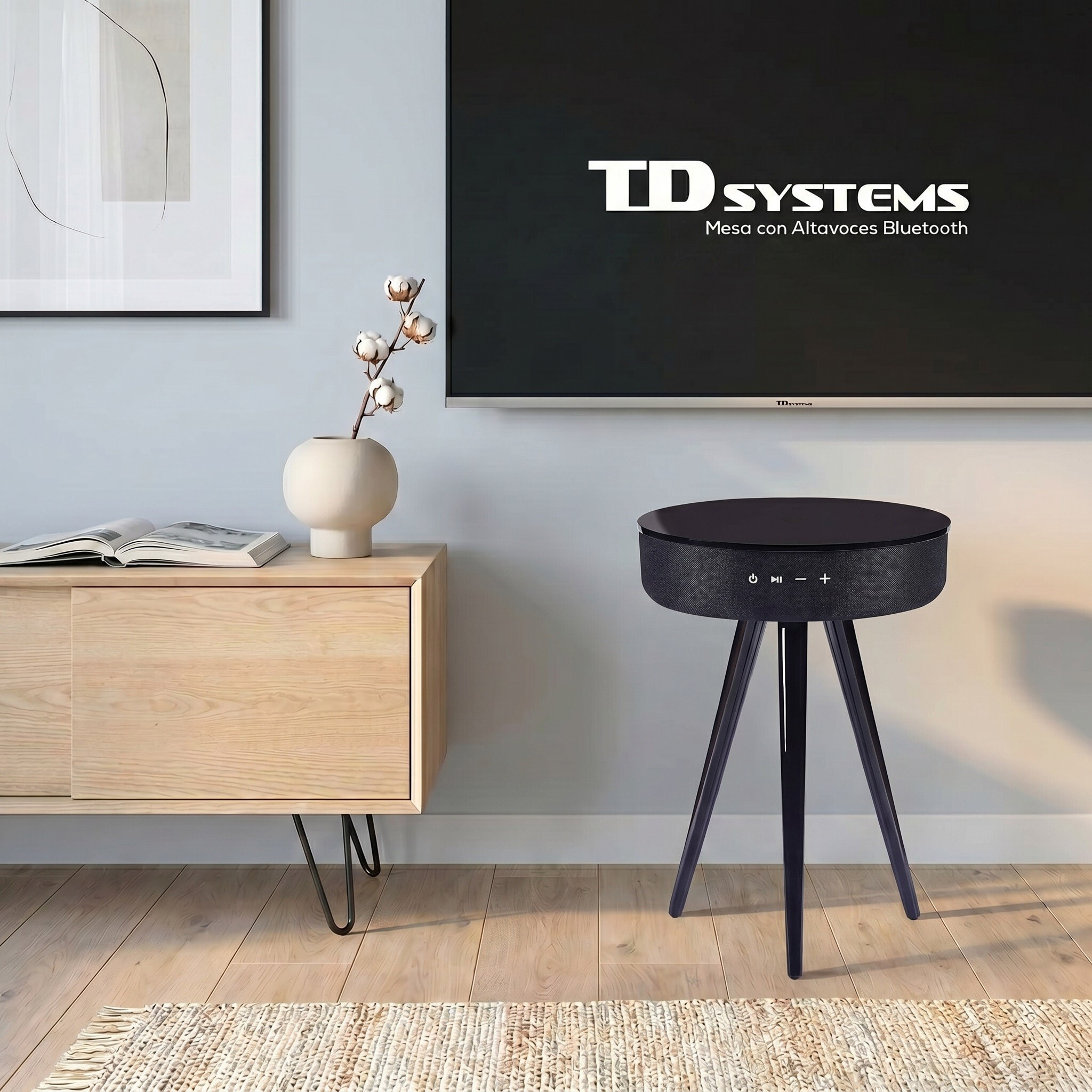 Mesa auxiliar altavoz portátil con sonido de 30W, Bluetooth, base de carga inalámbrica, batería de 2200mAh. Mesilla o mesita para dormitorio o sala de estar - TD Systems SM30B11WGN [Cristal negro]