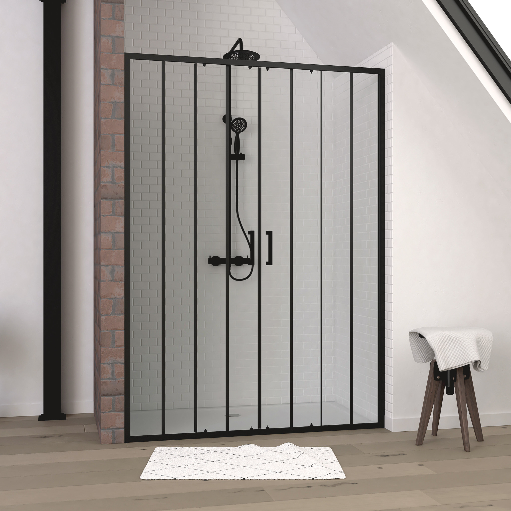 Porte de douche 2 portes coulissantes 140x200 cm - Verre sérigraphié - Profilé Noir - CRUSHX