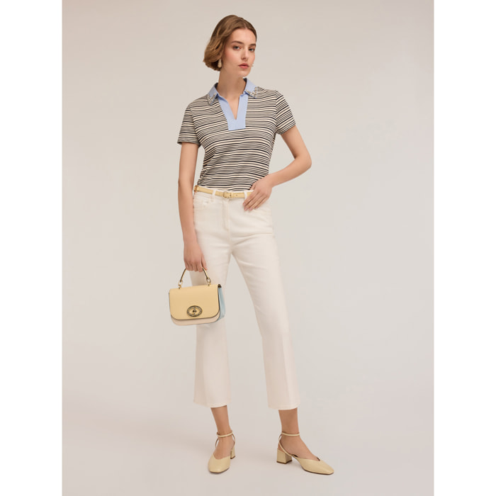 Motivi - T-shirt a righe con colletto ricamato con pietre - Blu