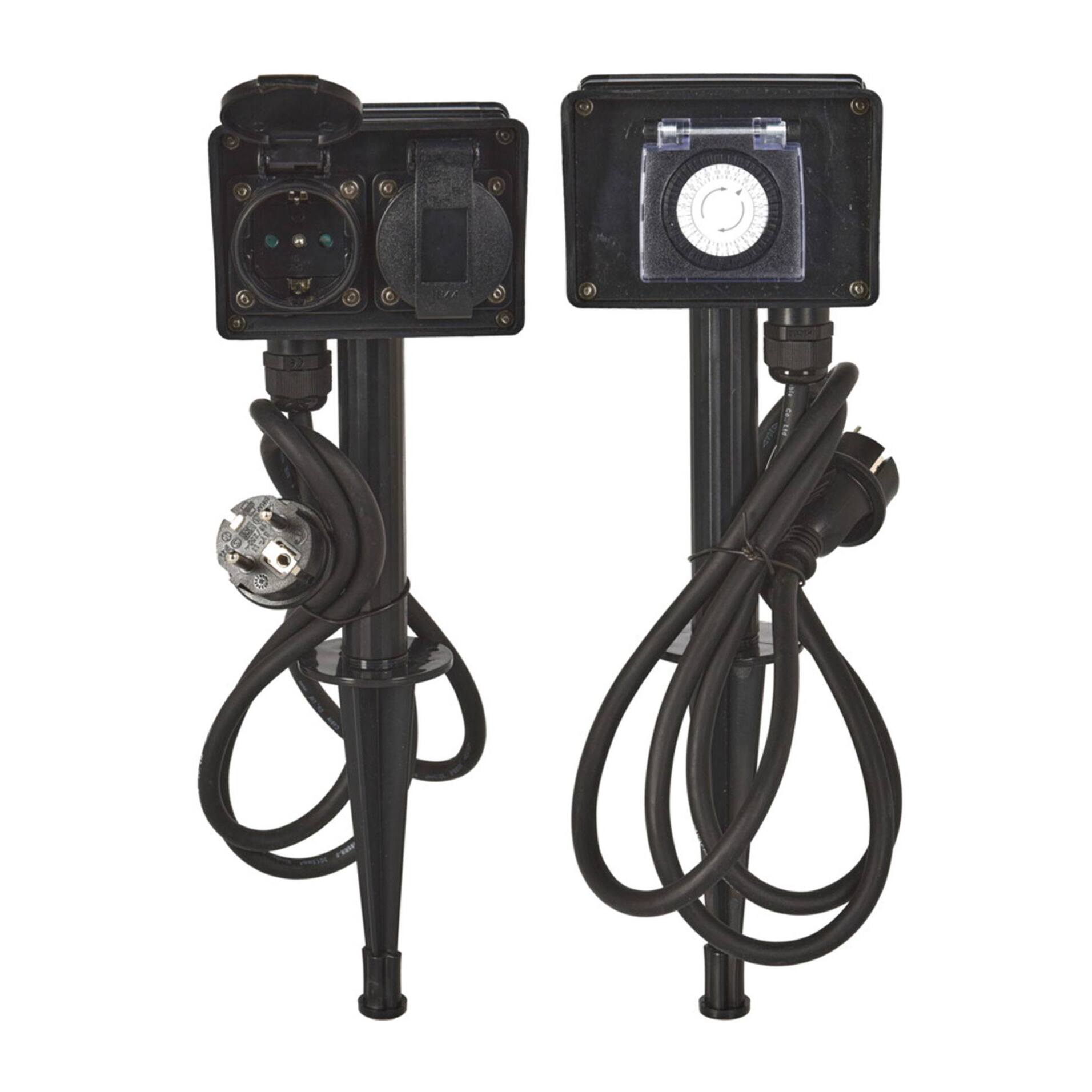 Pincho de Jardín con 2 enchufes alemanes y temporizador, cable de 1,5m y Protección infantil