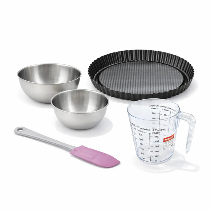 Set pâtisserie avec moule à tarte renversée, 2 bols à mixer, verre mesureur et spatule Zenker