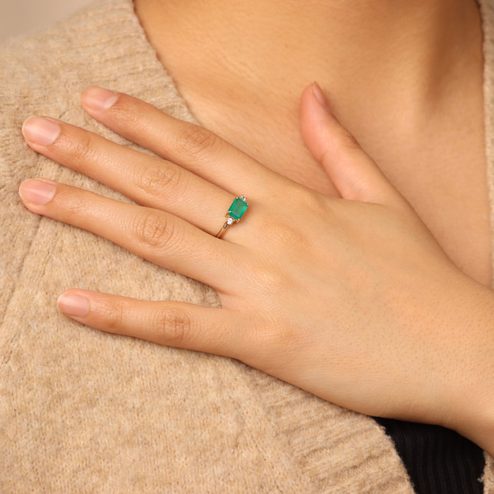 Anello Solitario in Argento 925 placcato Oro Giallo 18Kt con Cubic Zirconia e Onice Verde Ottagonale