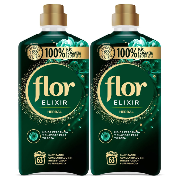 Flor Elixir - Suavizante para la ropa concentrado, aroma herbal - 126 lavados (2 botellas x 63 dosis)