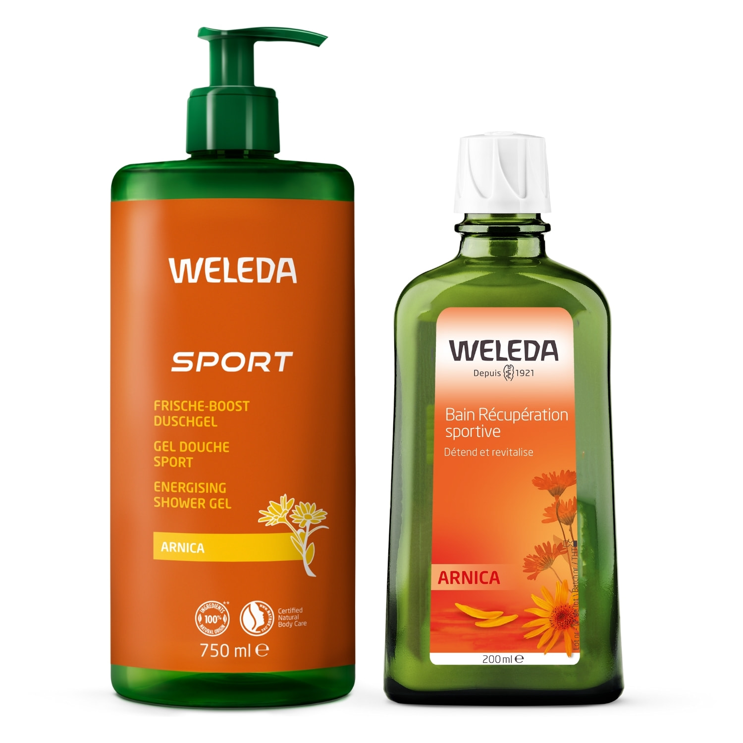 WELEDA - Pack Economique - Bain Récupération Sportive Arnica + Gel Douche Sport Arnica - Détend, revitalise, nettoie et rafraîchit - Après l'effort - Vegan* - Certifié Natrue** - Flacon en verre 200ml + Flacon pompe 750ml