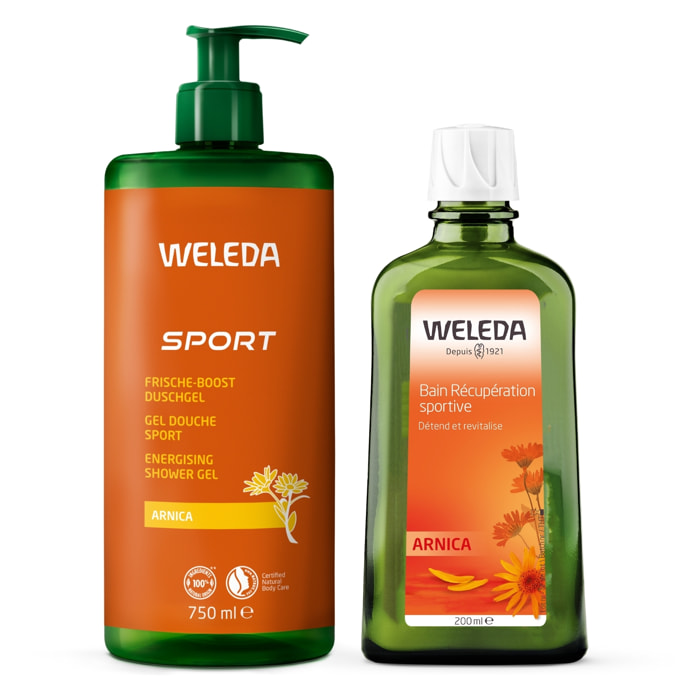 WELEDA - Pack Economique - Bain Récupération Sportive Arnica + Gel Douche Sport Arnica - Détend, revitalise, nettoie et rafraîchit - Après l'effort - Vegan* - Certifié Natrue** - Flacon en verre 200ml + Flacon pompe 750ml