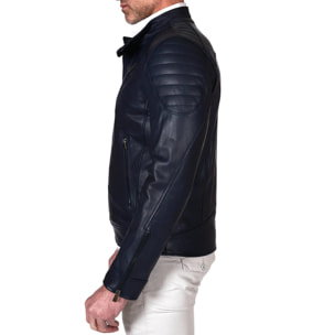 Giacca moto in pelle blu biker trapuntato spalle effetto liscio