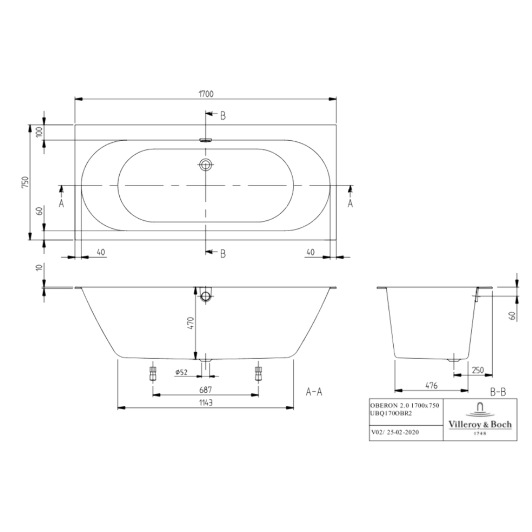 Baignoire droite 170 X 75 Oberon 2.0 quaryl