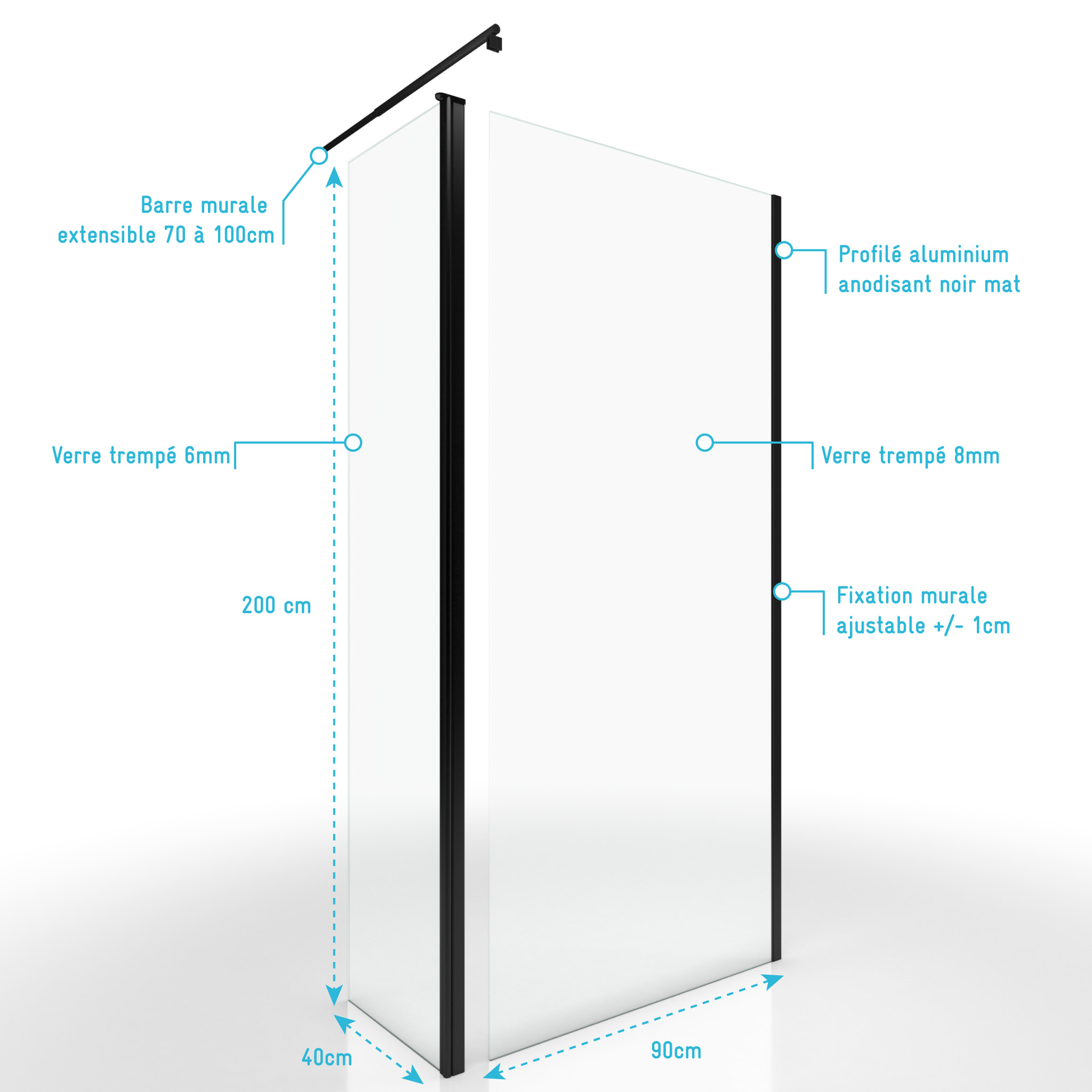 Paroi de Douche et Volet Pivotant 90+40x200 cm - Verre Transparent - Barre de Fixation Noire