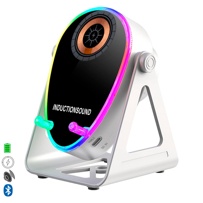 Altavoz H68 con tecnología de inducción inteligente que amplifica el sonido al colocar el móvil encima. Con Bluetooth, carga inalámbrica de 15W y luces LED multicolor.