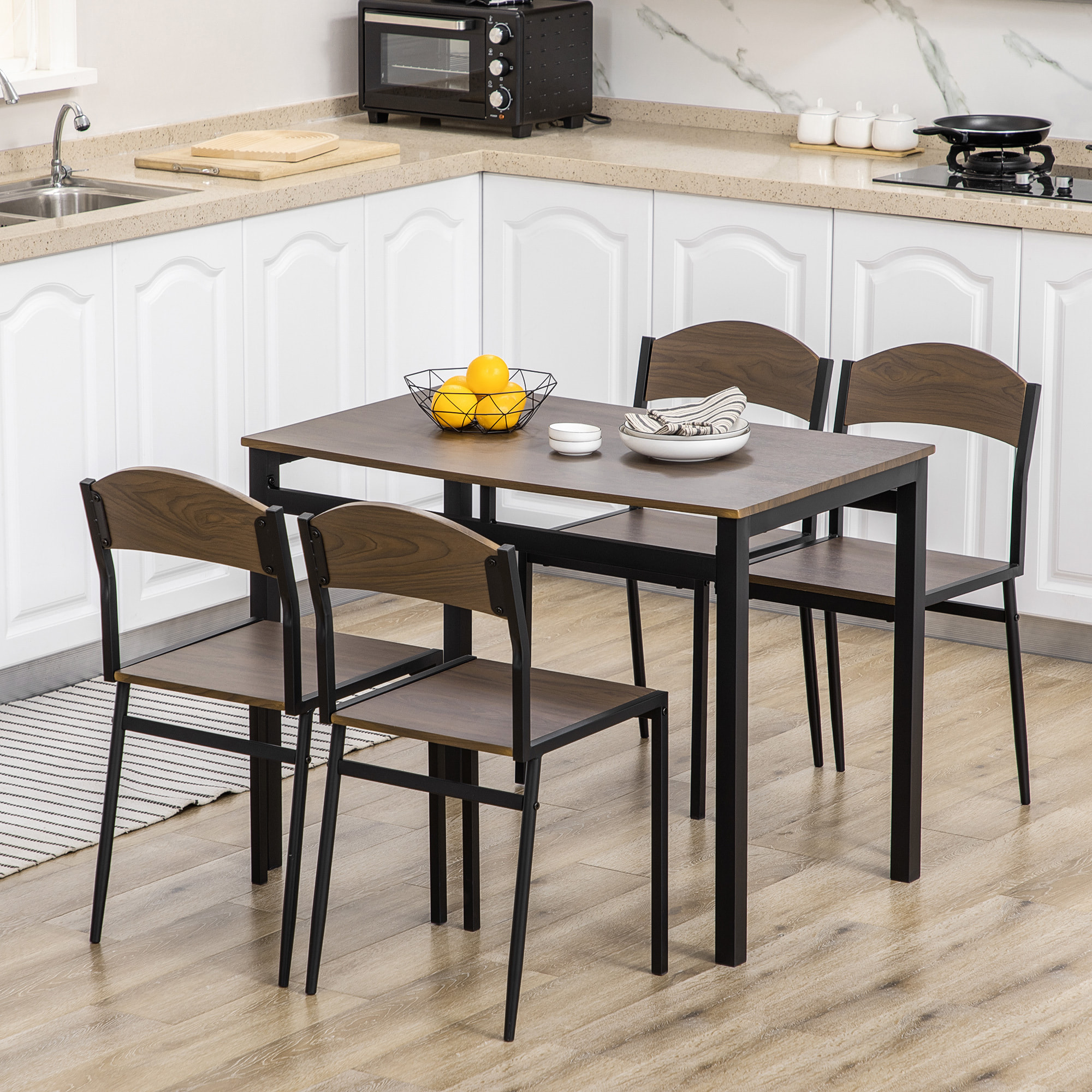 Juego de Mesa y Sillas de Comedor, Mesa de Cocina Rectangular con 4 Sillas, Estilo Moderno, Marco Metálico, para Espacios Pequeños, Salón, Marrón Oscuro y Negro