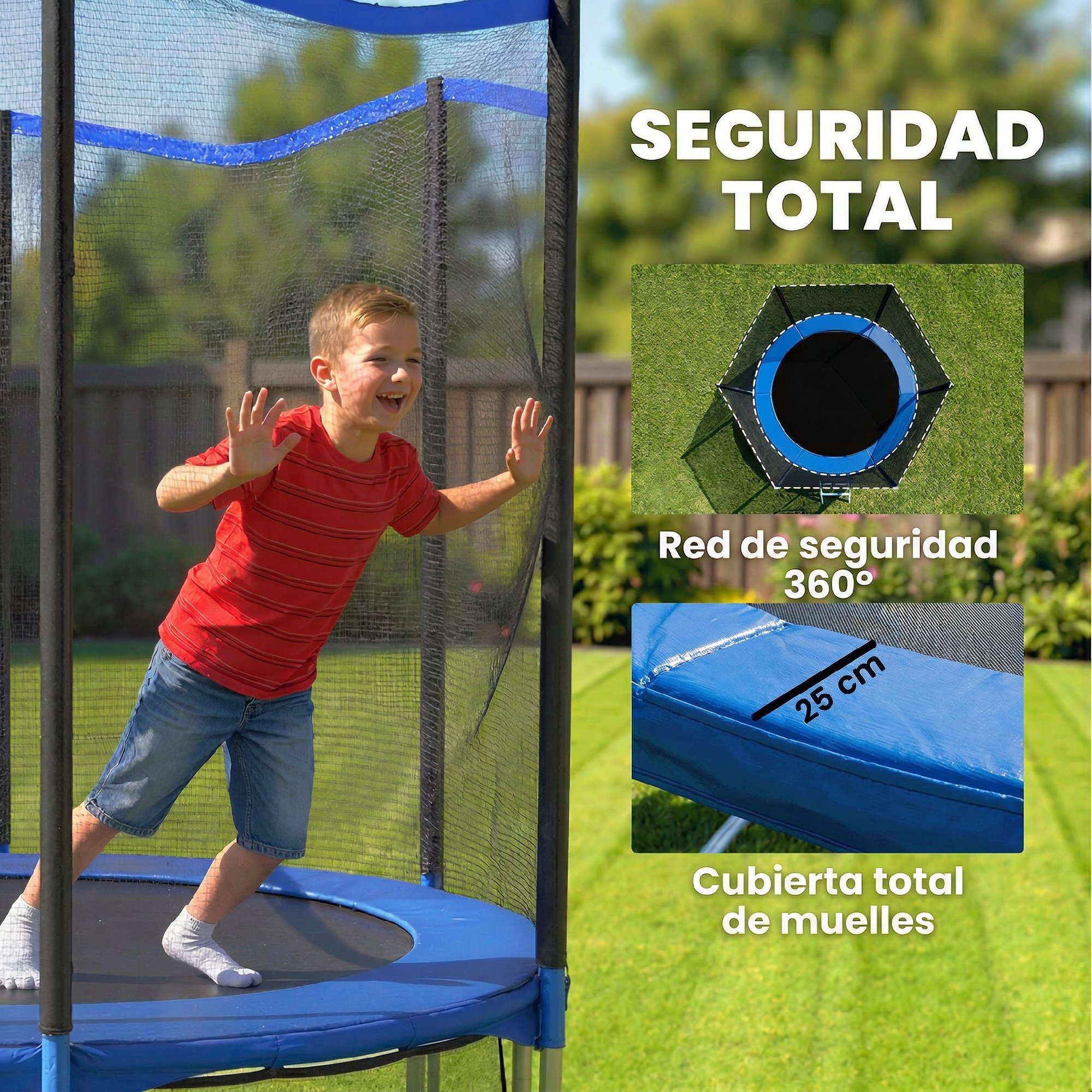 Cama Elástica Niños Exterior Ø183 cm, Trampolín para Niños de +6 Años con Red de Seguridad, Escalera de 2 Peldaños, Cubierta de Muelles, Bolsa de Almacenamiento, Carga 80 kg, Azul