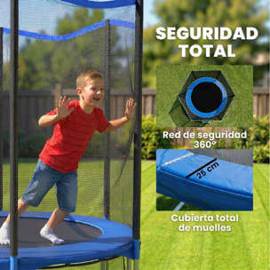 Cama Elástica Niños Exterior Ø183 cm, Trampolín para Niños de +6 Años con Red de Seguridad, Escalera de 2 Peldaños, Cubierta de Muelles, Bolsa de Almacenamiento, Carga 80 kg, Azul
